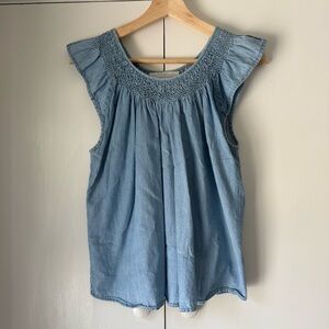 THE GREAT. Blue Flutter Sleeve Smocked Blouse